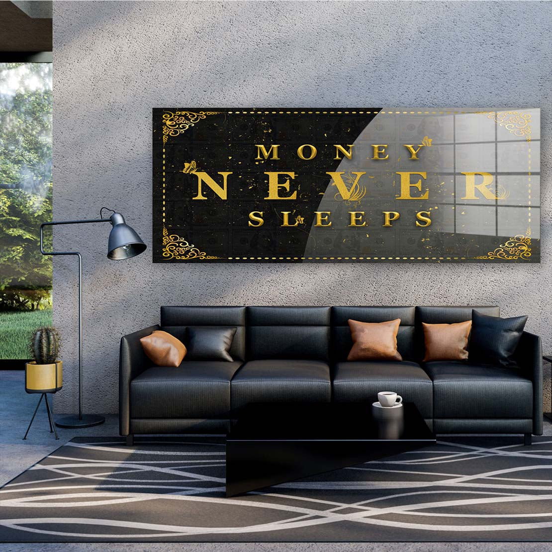 Money Never Sleeps Geld & Erfolg Motivation Acrylglasbild Wandbild Bild Wanddeko XL