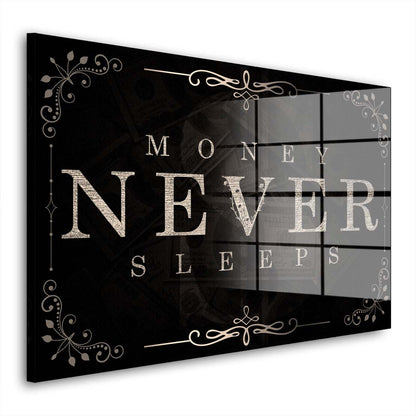 Money Never Sleeps Silver Style Motivation Acrylglasbild Wandbild Bild Wanddeko XL