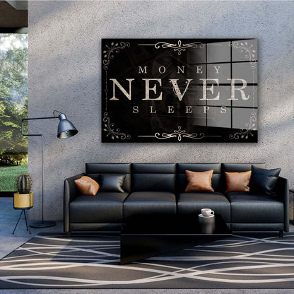 Money Never Sleeps Silver Style Motivation Acrylglasbild Wandbild Bild Wanddeko XL