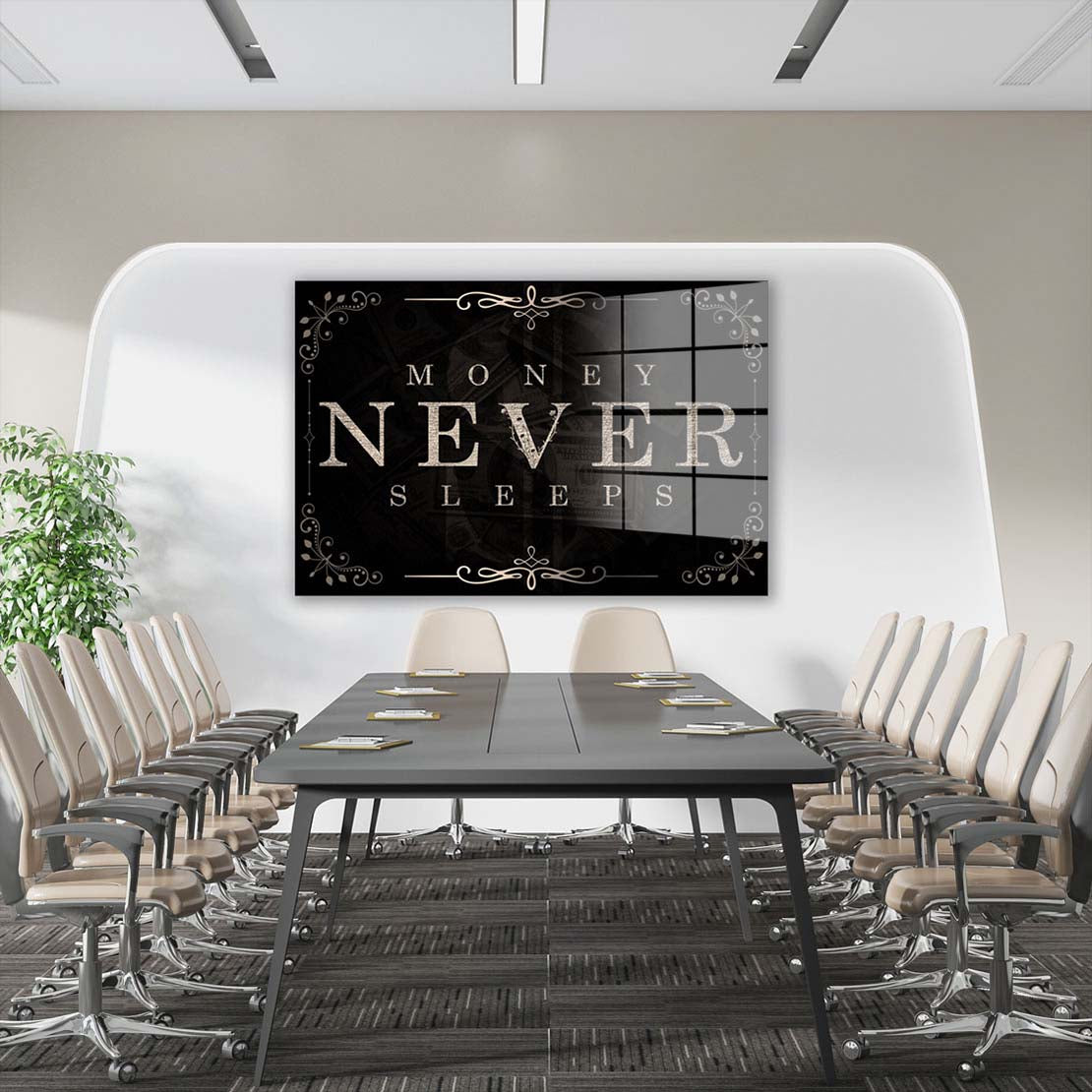 Money Never Sleeps Silver Style Motivation Acrylglasbild Wandbild Bild Wanddeko XL