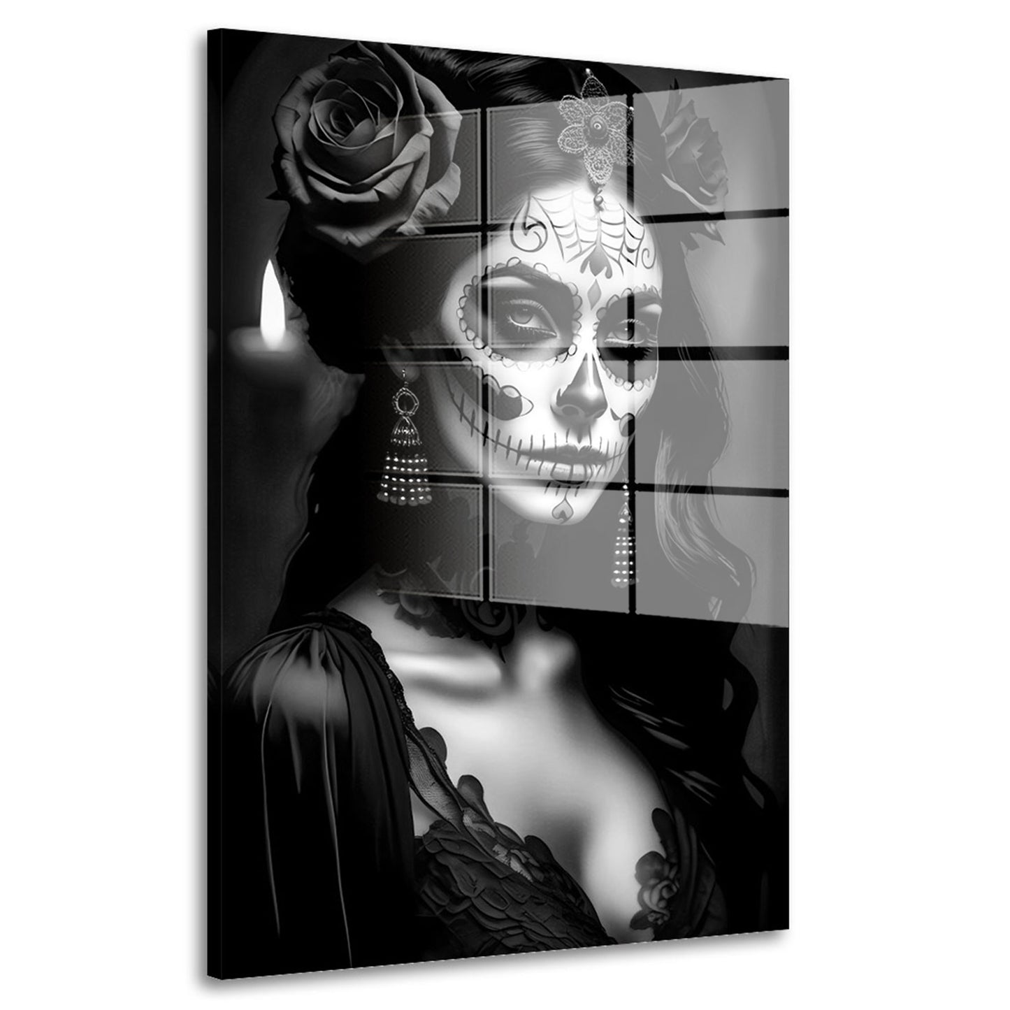 La Calavera Catrina im Spitzenkleid schwarz weiß Acrylglasbild Wandbild Bild Wanddeko XL