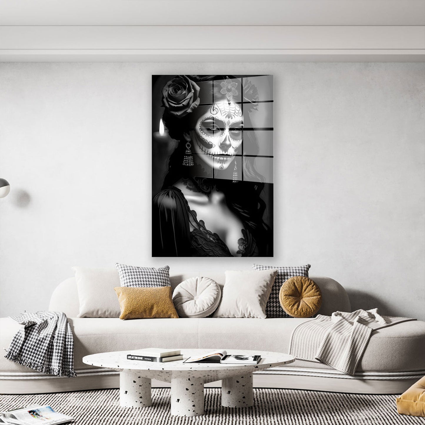 La Calavera Catrina im Spitzenkleid schwarz weiß Acrylglasbild Wandbild Bild Wanddeko XL