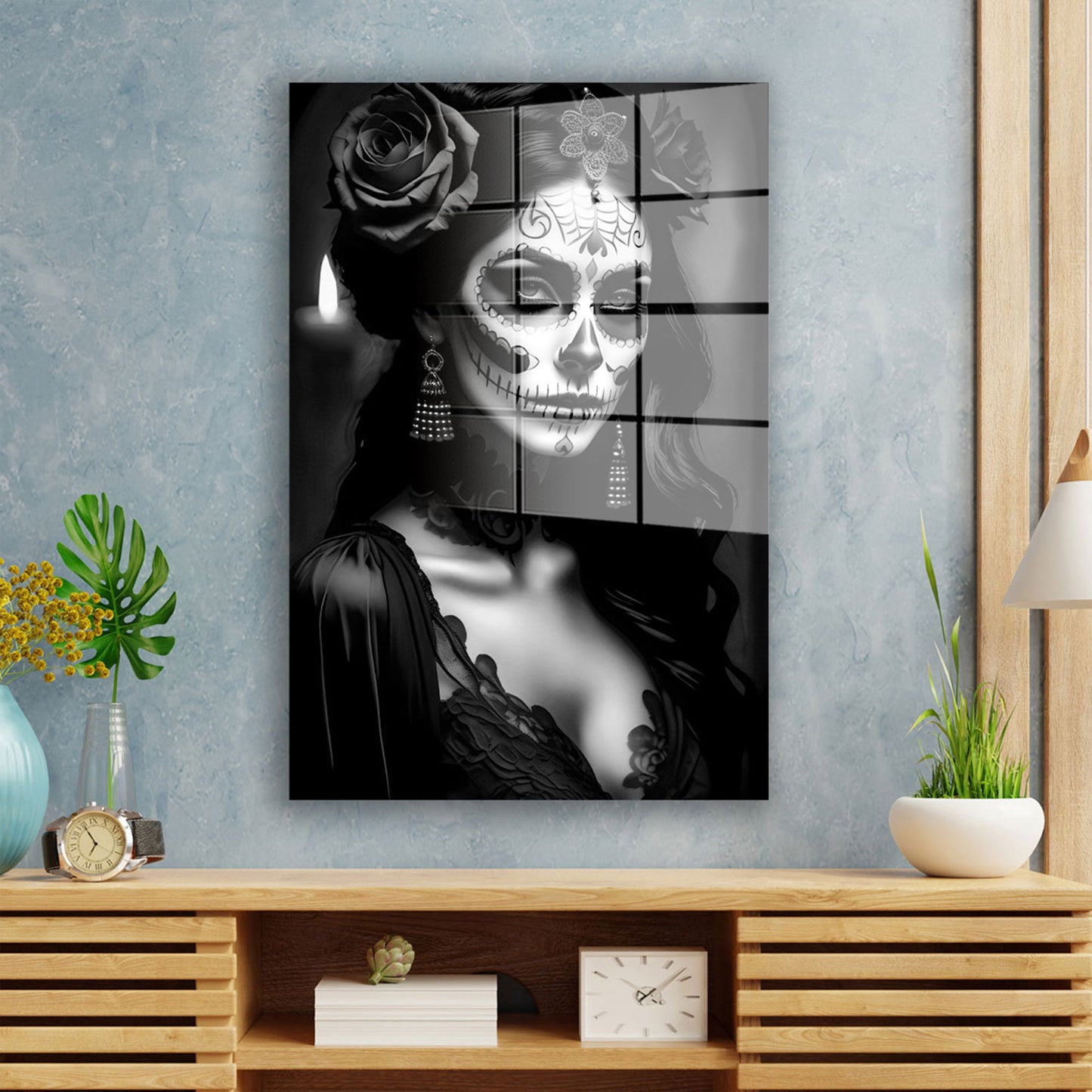 La Calavera Catrina im Spitzenkleid schwarz weiß Acrylglasbild Wandbild Bild Wanddeko XL