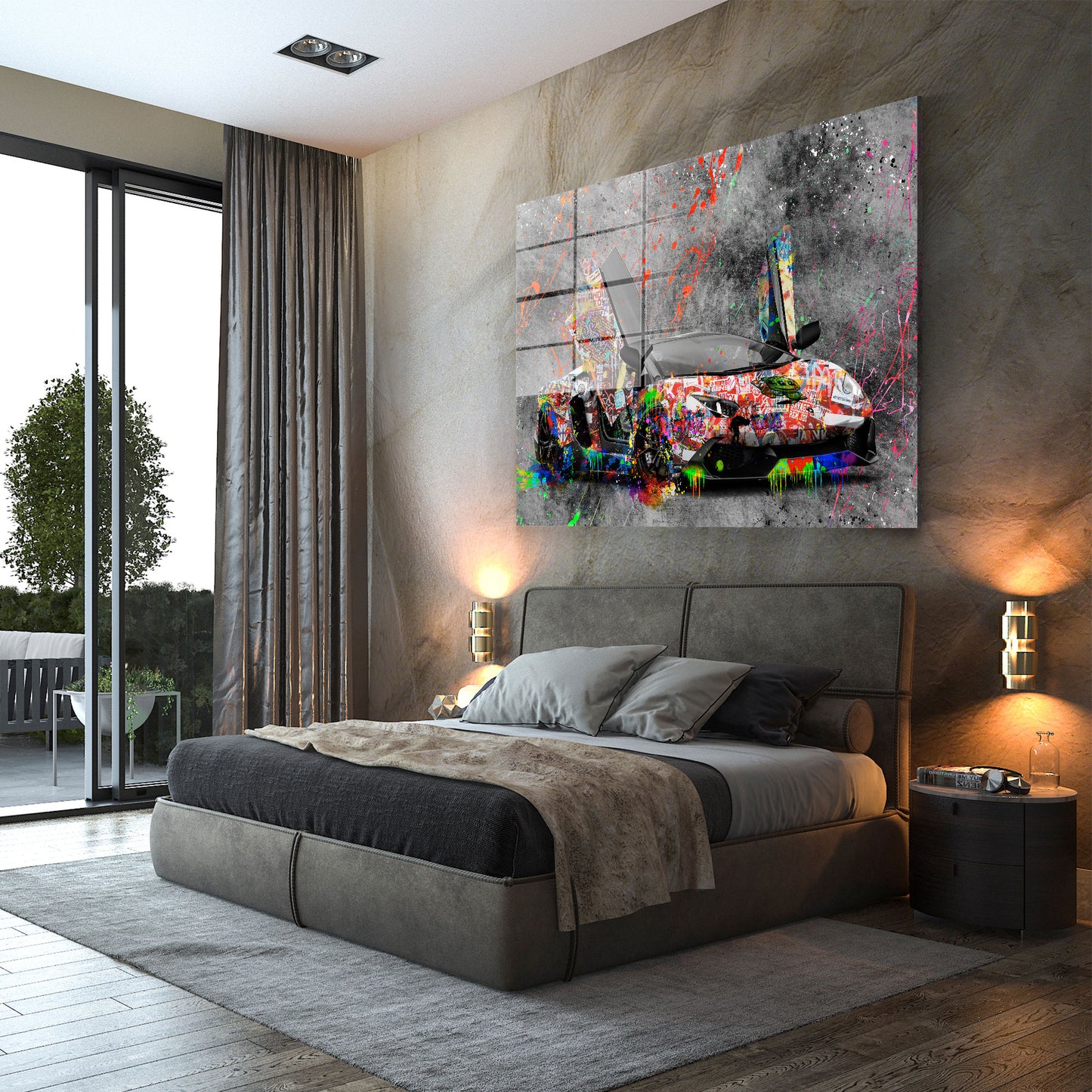 Lambo Graffiti Street Art Style Acrylglasbild Wandbild Bild Wanddeko Wohnzimmer XL