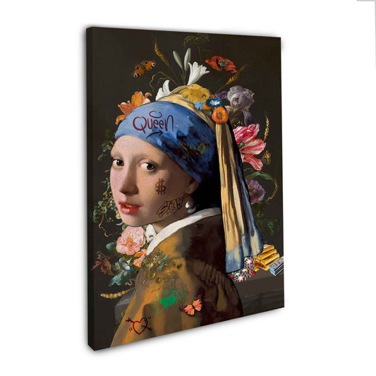 Mädchen mit Perlenohrring Flower Wandbild Leinwandbild Kunstdruck XL Wanddeko