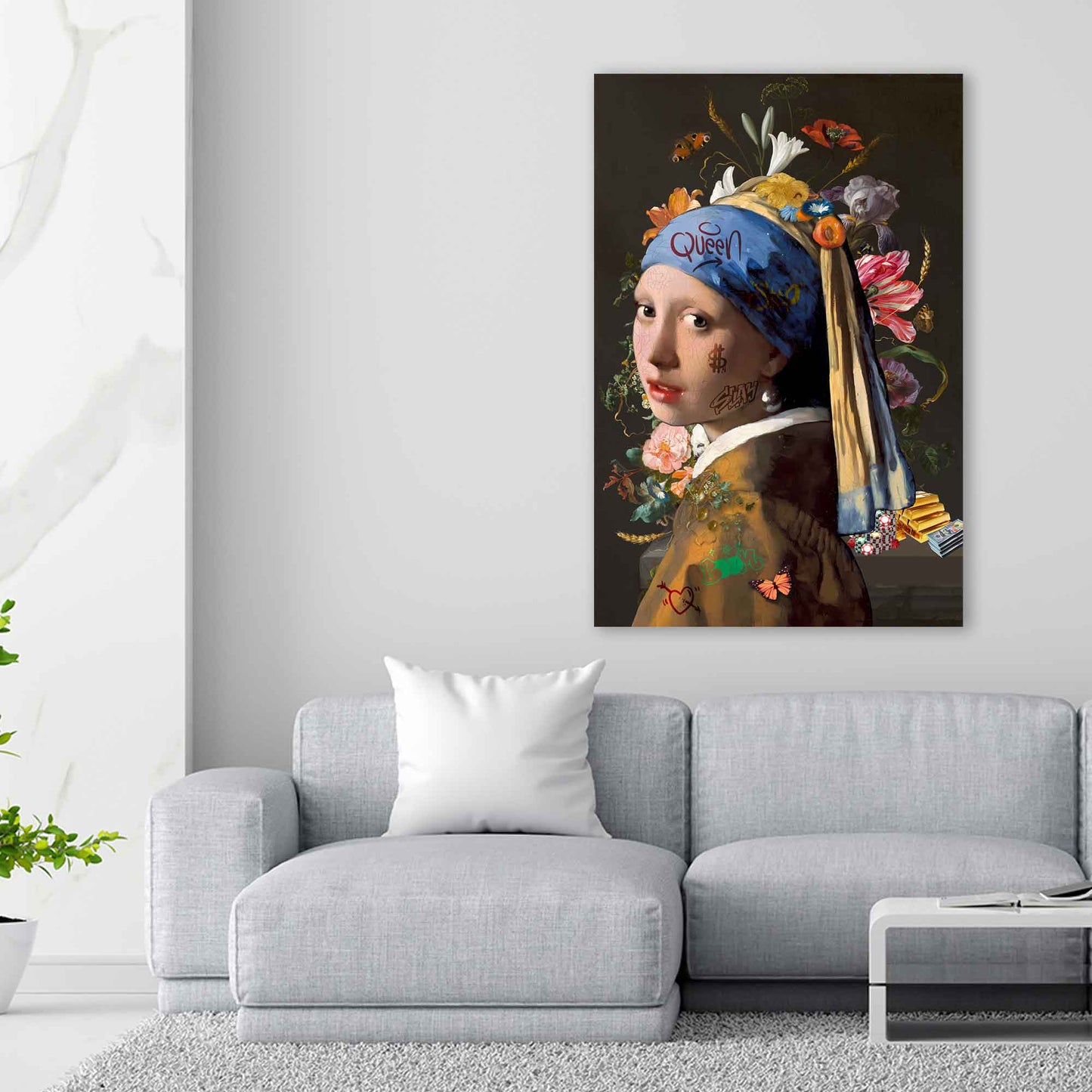 Mädchen mit Perlenohrring Flower Wandbild Leinwandbild Kunstdruck XL Wanddeko