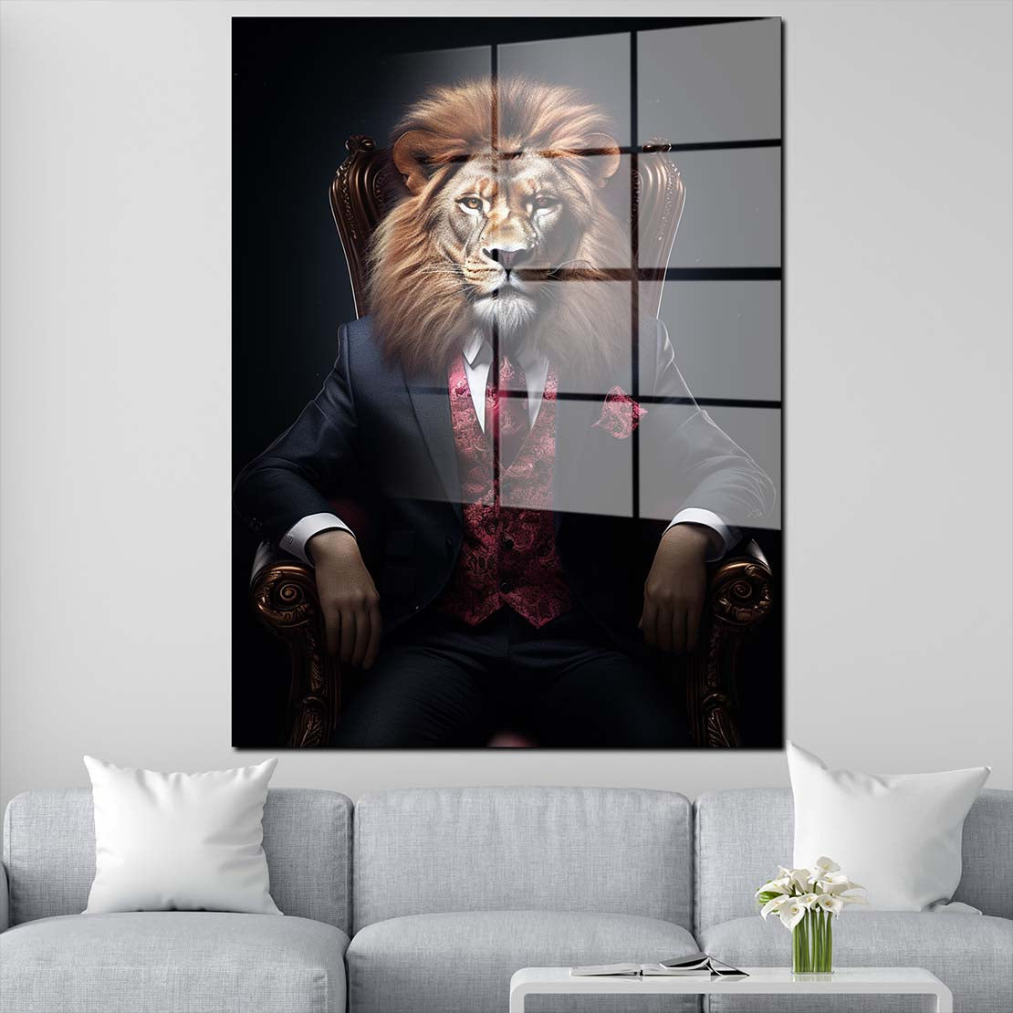 Löwe im Anzug sitzend im Sessel Acrylglasbild Wandbild Wanddeko Wohnzimmer XL