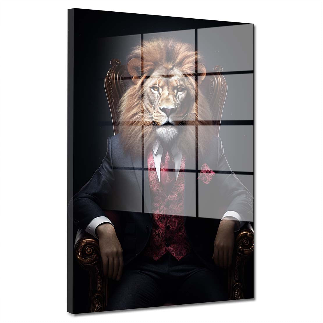 Löwe im Anzug sitzend im Sessel Acrylglasbild Wandbild Wanddeko Wohnzimmer XL