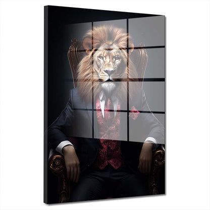 Löwe im Anzug sitzend im Sessel Acrylglasbild Wandbild Wanddeko Wohnzimmer XL