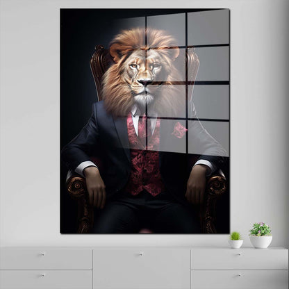 Löwe im Anzug sitzend im Sessel Acrylglasbild Wandbild Wanddeko Wohnzimmer XL