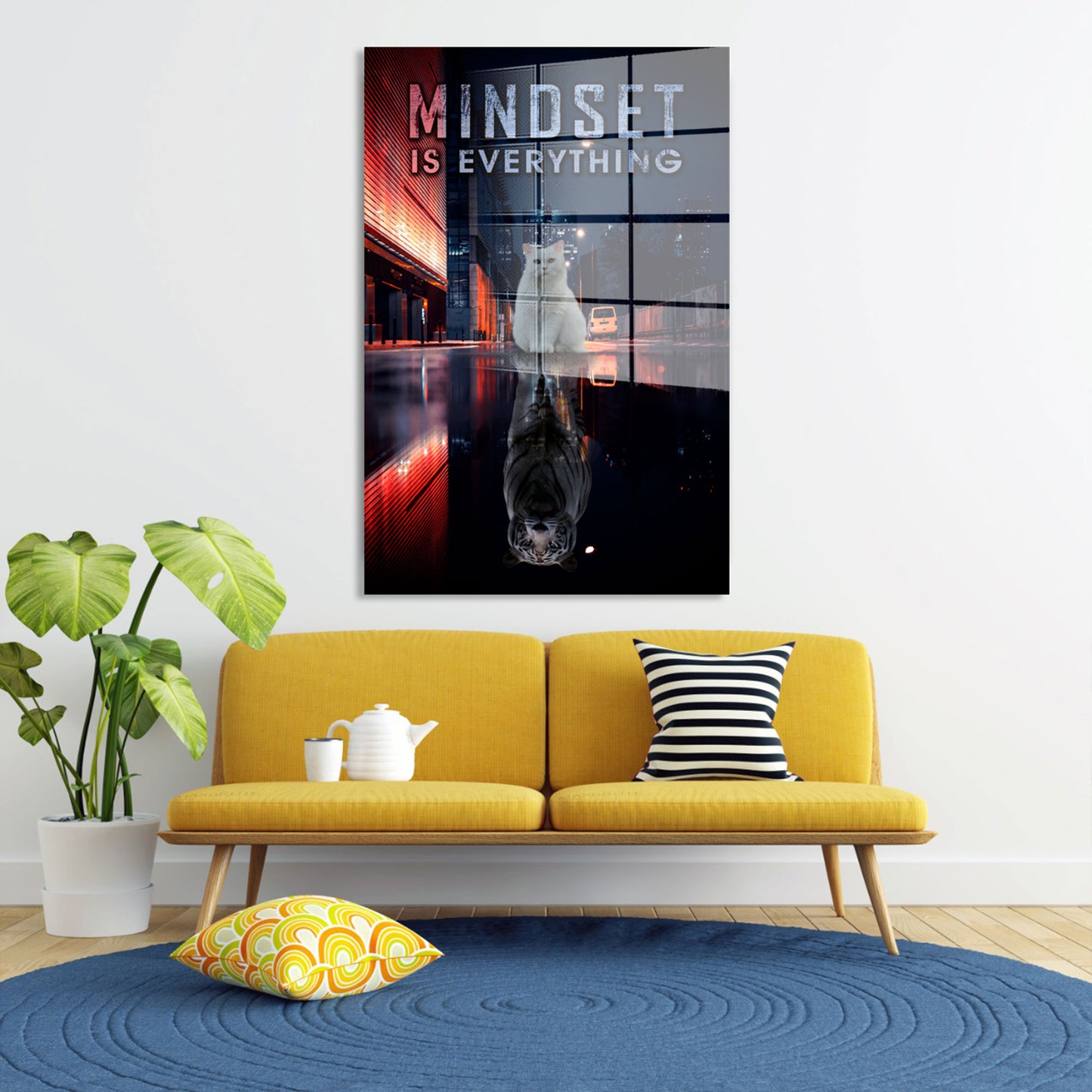 Motivation weiße Katze Mindset is Everything Acrylglasbild Wandbild Bild Wanddeko XL
