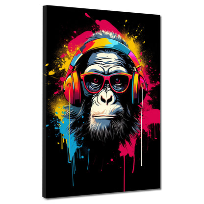 Pop Art Affe mit Kopfhörer und Brille Leinwandbild Wandbild Kunstdruck XL Deko