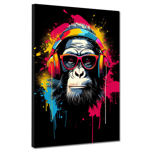 Pop Art Affe mit Kopfhörer und Brille Leinwandbild Wandbild Kunstdruck XL Deko