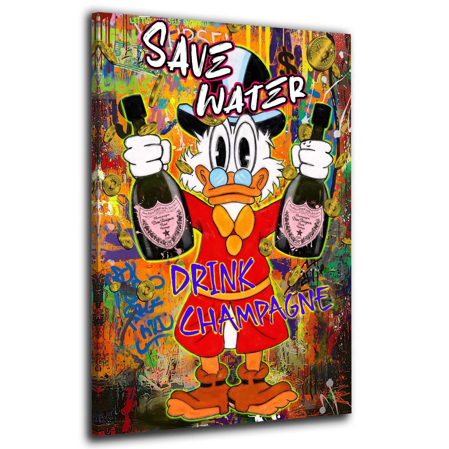 Pop Art Duck Save Water Champagner Wandbild Leinwandbild Kunstdruck XL Deko