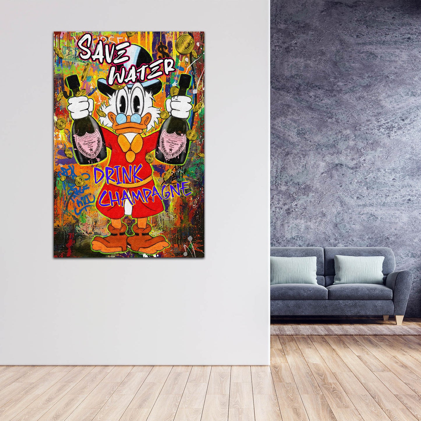 Pop Art Duck Save Water Champagner Wandbild Leinwandbild Kunstdruck XL Deko