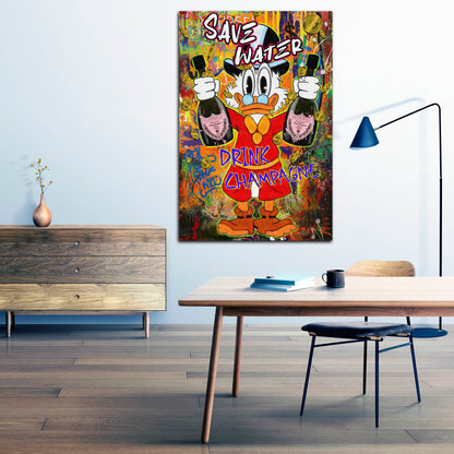 Pop Art Duck Save Water Champagner Wandbild Leinwandbild Kunstdruck XL Deko