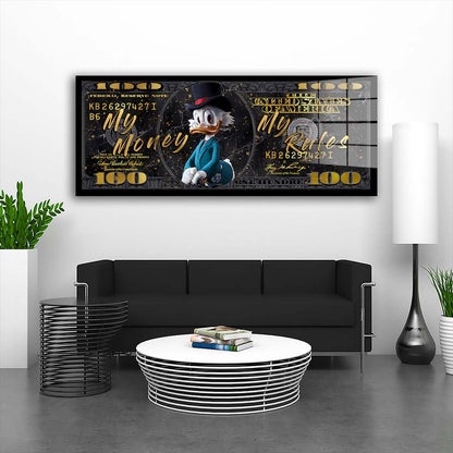Pop Art Duck My Money My Rules Dollar Acrylglasbild Wandbild Bild Wanddeko XL