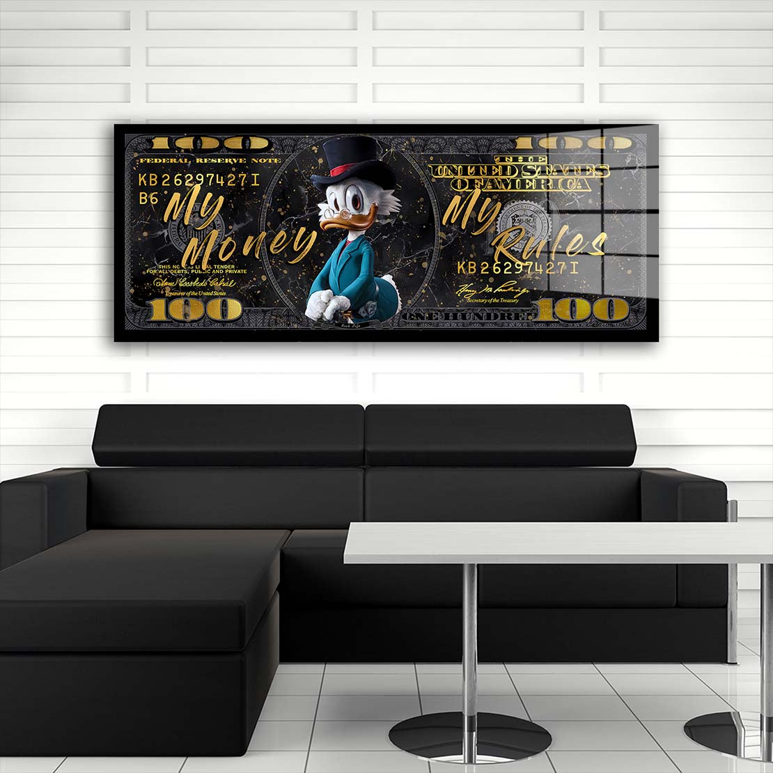 Pop Art Duck My Money My Rules Dollar Acrylglasbild Wandbild Bild Wanddeko XL