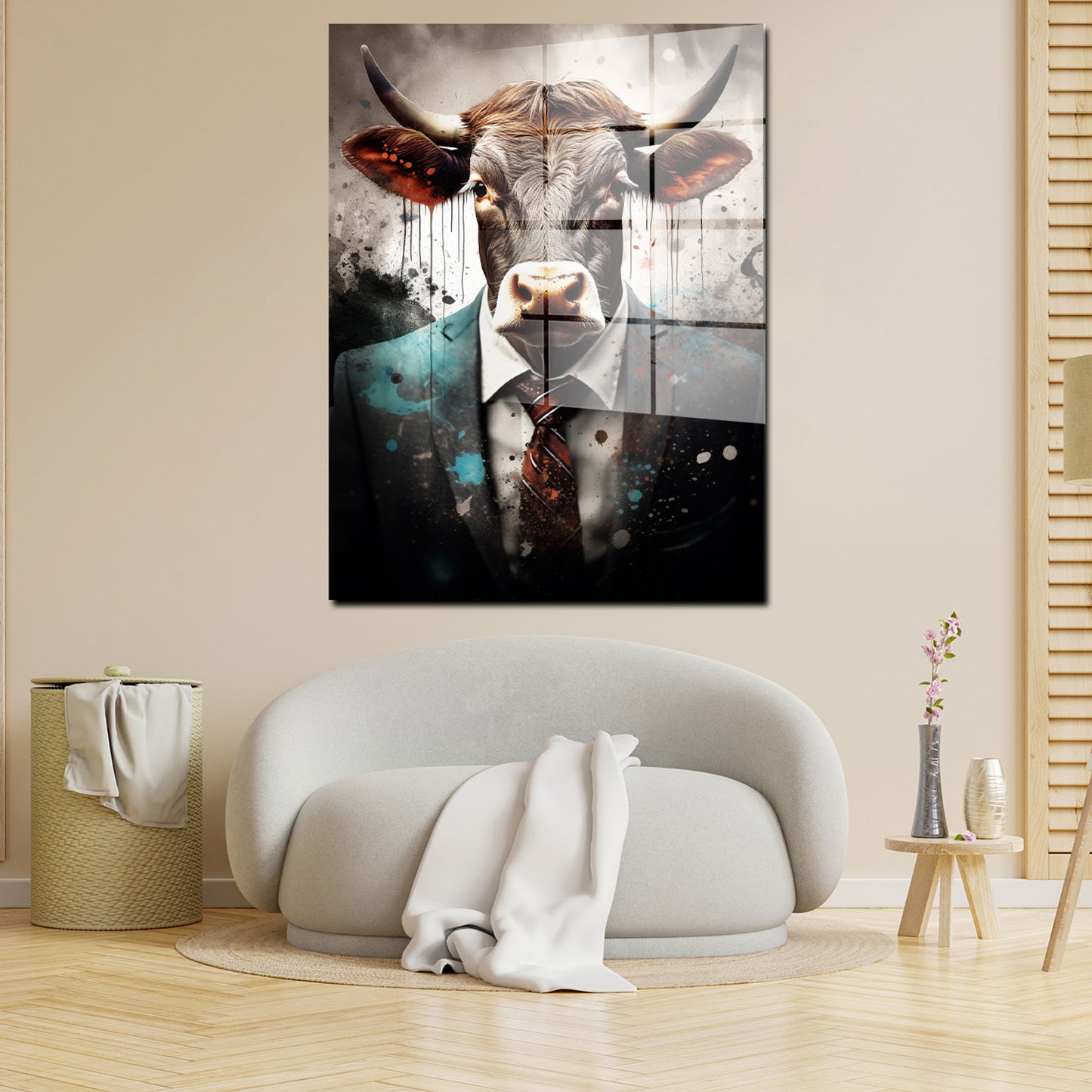 Stier im Anzug abstrakt Pop Art Dark Acrylglasbild Wandbild Bild Wanddeko Wohnzimmer XL