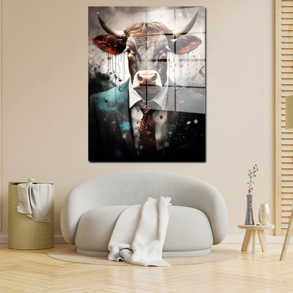 Stier im Anzug abstrakt Pop Art Dark Acrylglasbild Wandbild Bild Wanddeko Wohnzimmer XL