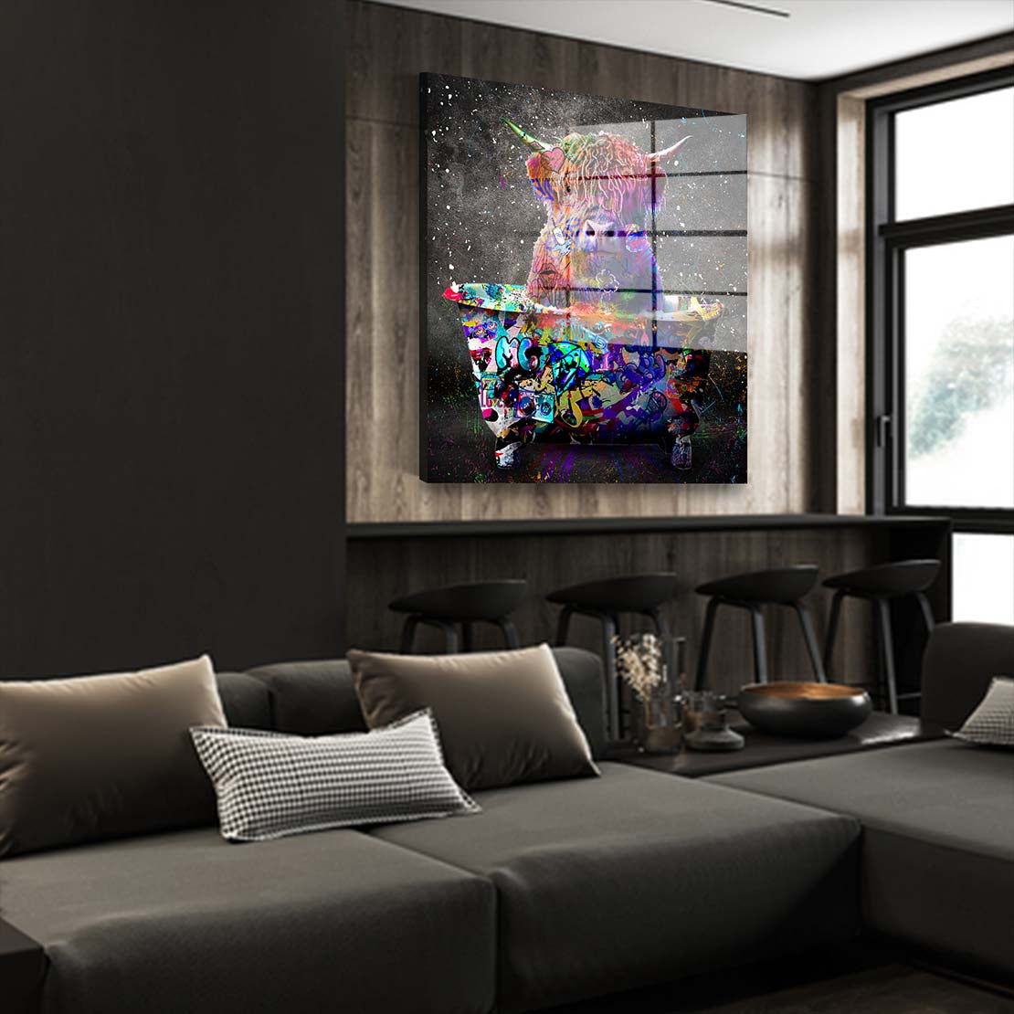 Stier in Badewanne Graffiti Art Acrylglasbild Wandbild Bild Wanddeko Wohnzimmer XL