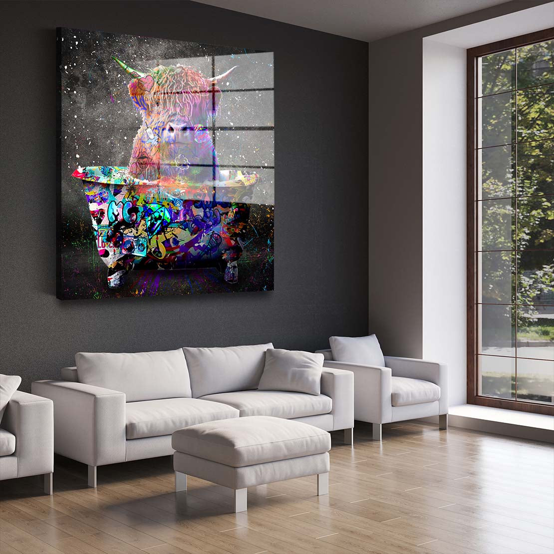 Stier in Badewanne Graffiti Art Acrylglasbild Wandbild Bild Wanddeko Wohnzimmer XL