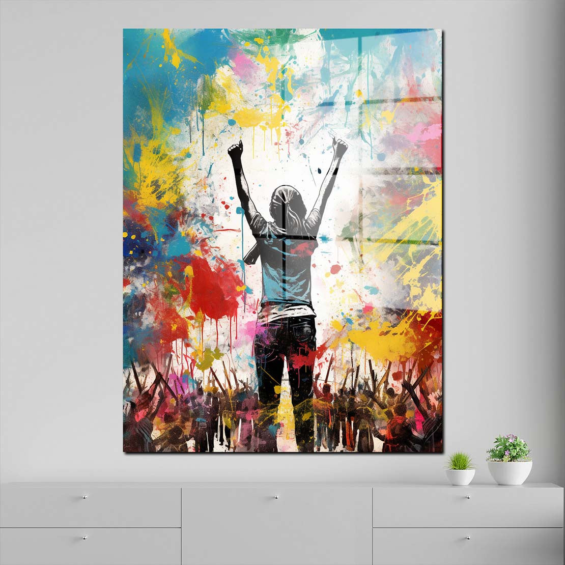 Street Art jubelnde Menschen Colour Splash Acrylglasbild Wandbild Bild Wanddeko XL