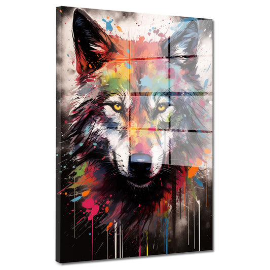 Wolf Pop Art abstrakt splatter Acrylglasbild Wandbild Bild Wanddeko Wohnzimmer XL