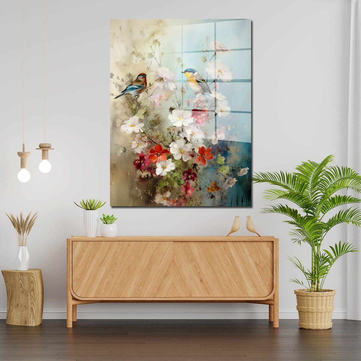 Abstrakt Blumen mit Vögel Acrylglasbild Wandbild Bild Wanddeko Wohnzimmer XL