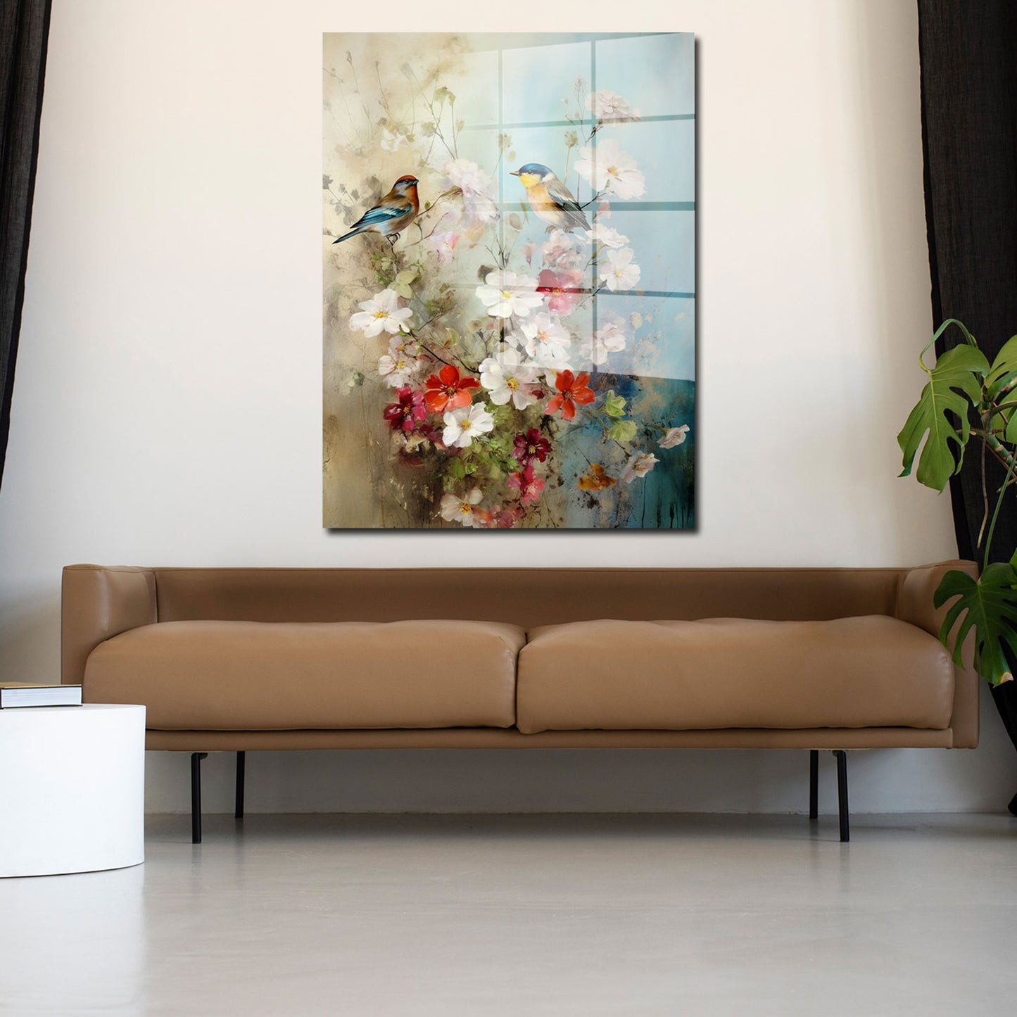Abstrakt Blumen mit Vögel Acrylglasbild Wandbild Bild Wanddeko Wohnzimmer XL