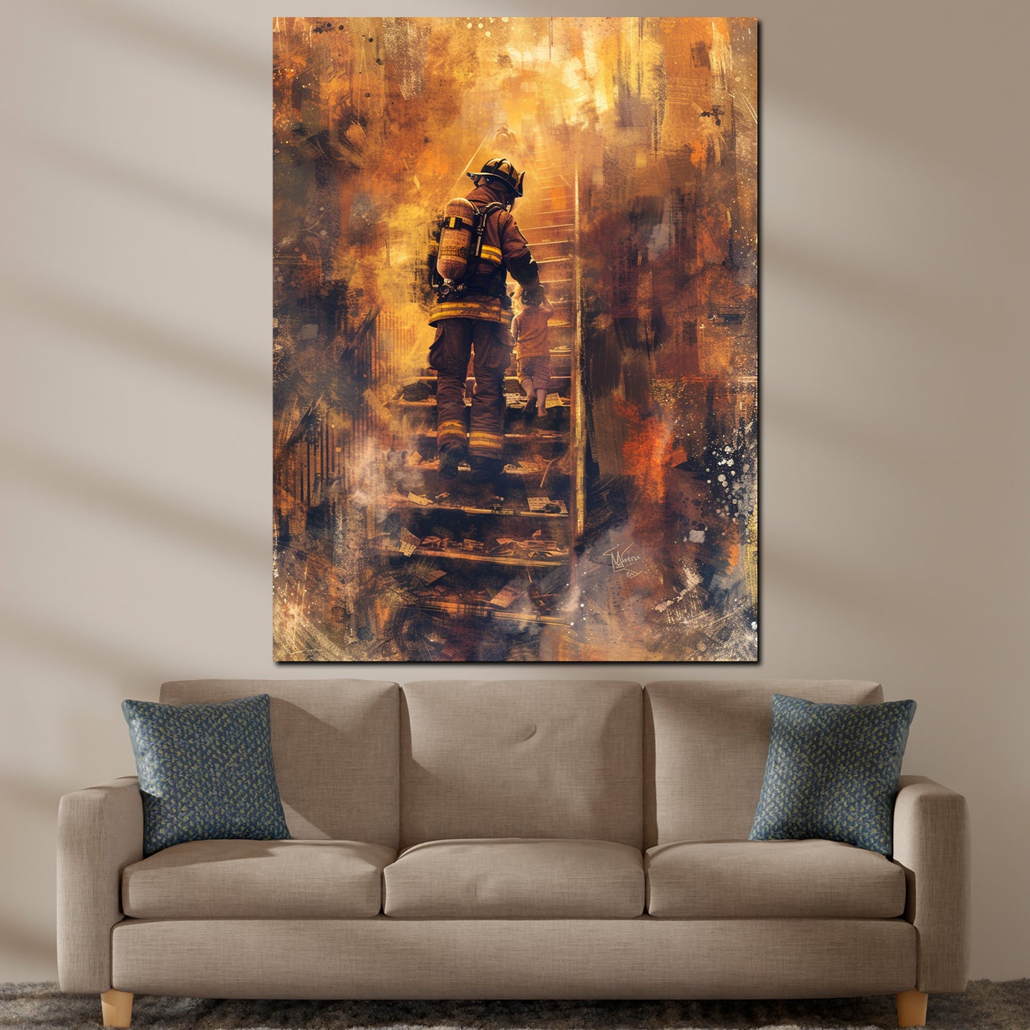 Abstrakt Feuerwehrmänner brennendes Haus Leinwandbild Wandbild Kunstdruck XL