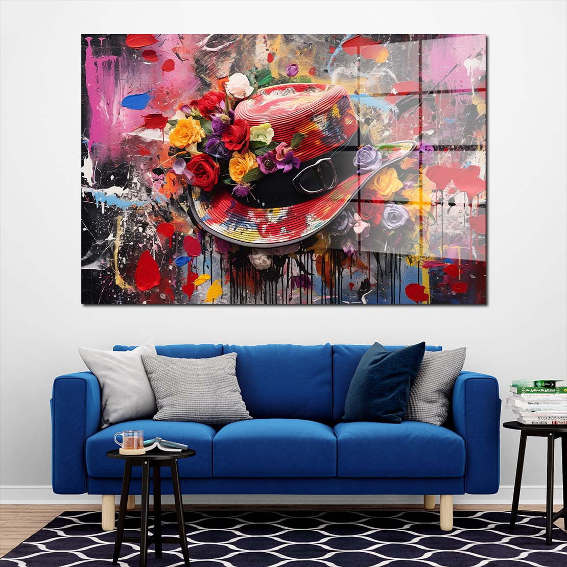 Abstrakt Hut mit Blumen Acrylglasbild Wandbild Bild Wanddeko Wohnzimmer XL