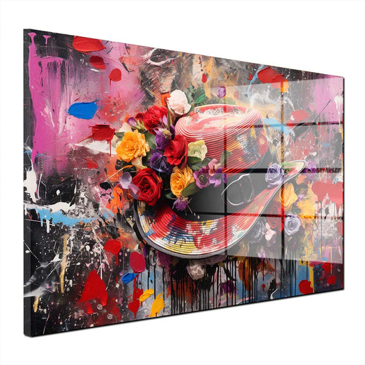 Abstrakt Hut mit Blumen Acrylglasbild Wandbild Bild Wanddeko Wohnzimmer XL