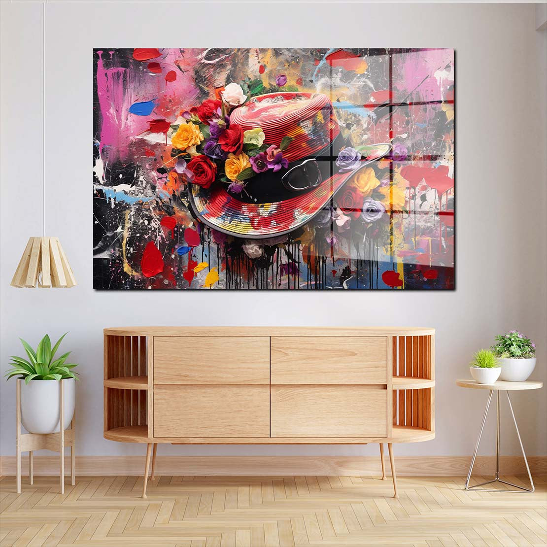 Abstrakt Hut mit Blumen Acrylglasbild Wandbild Bild Wanddeko Wohnzimmer XL