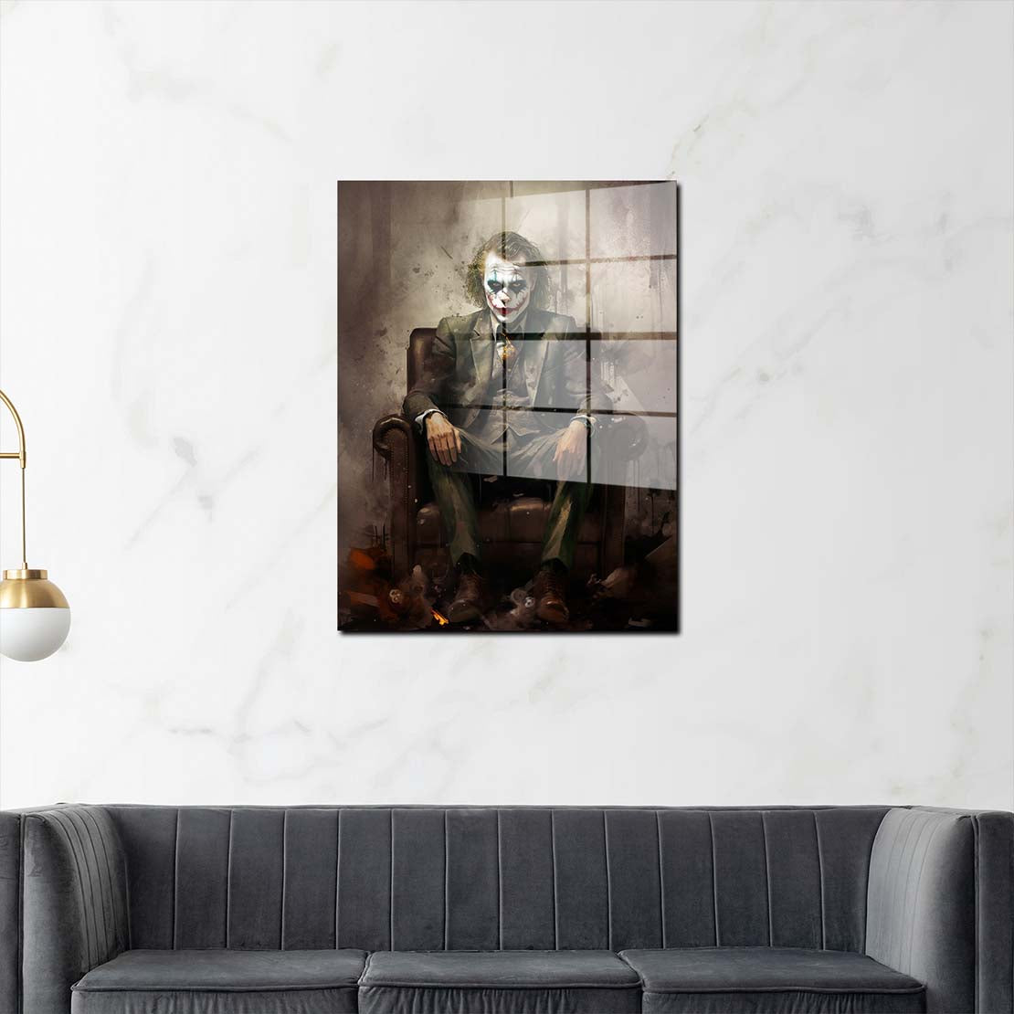 Kunstwerk abstrakt Joker im Anzug sitzend Acrylglasbild Wandbild Bild Wanddeko XL