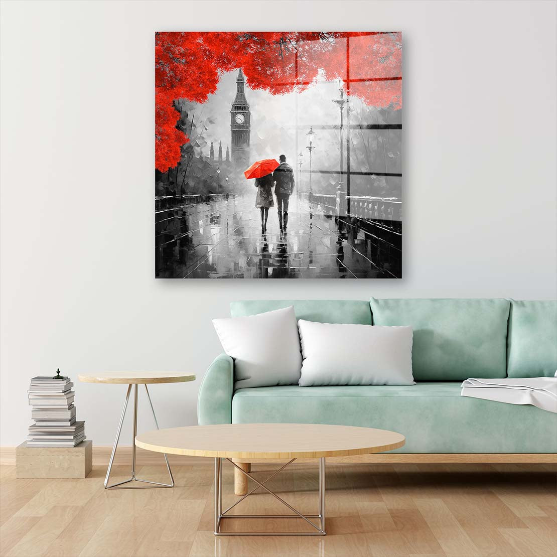 Paar mit rotem Regenschirm und roten Bäumen Acrylglasbild Wandbild Wanddeko XL