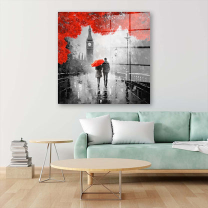 Paar mit rotem Regenschirm und roten Bäumen Acrylglasbild Wandbild Wanddeko XL