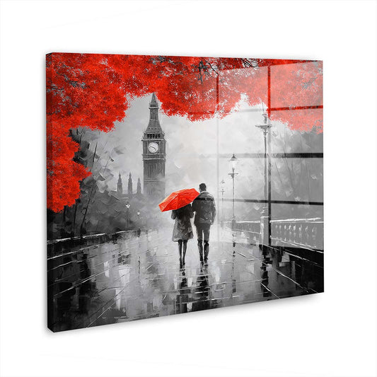 Paar mit rotem Regenschirm und roten Bäumen Acrylglasbild Wandbild Wanddeko XL