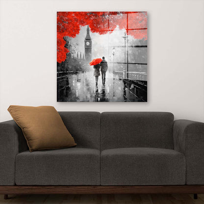 Paar mit rotem Regenschirm und roten Bäumen Acrylglasbild Wandbild Wanddeko XL