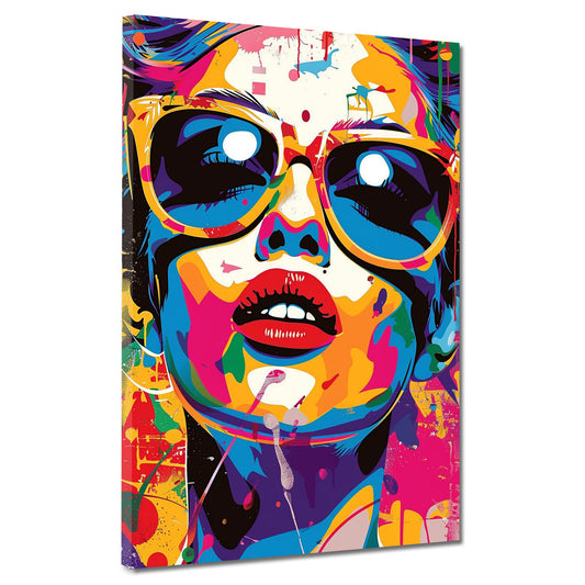 Pop Art modern bunt Frau mit Sonnenbrille Leinwandbild Wandbild XL Wanddeko