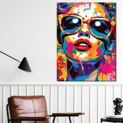Pop Art modern bunt Frau mit Sonnenbrille Leinwandbild Wandbild XL Wanddeko