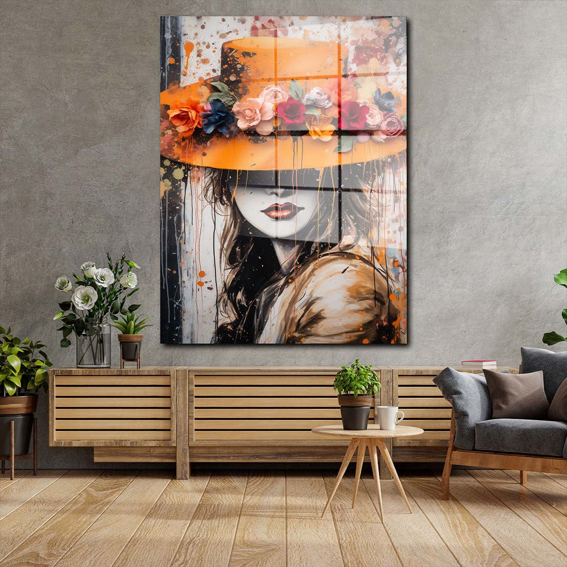 Abstrakt schöne Frau Pop mit Hut Acrylglasbild Wandbild Wanddeko Wohnzimmer XL