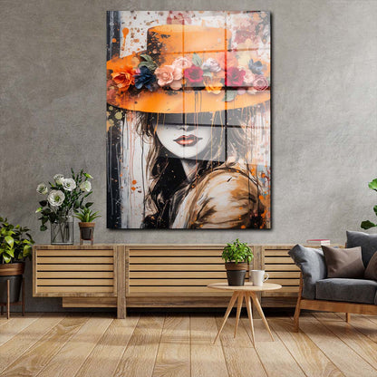 Abstrakt schöne Frau Pop mit Hut Acrylglasbild Wandbild Wanddeko Wohnzimmer XL