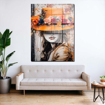 Abstrakt schöne Frau Pop mit Hut Acrylglasbild Wandbild Wanddeko Wohnzimmer XL