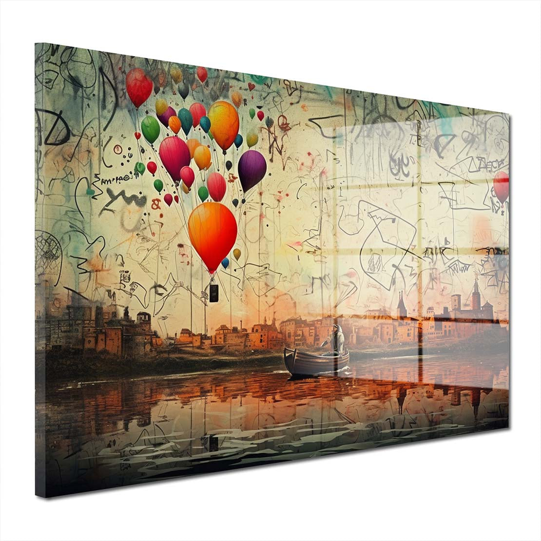 Schönes Kunstwerk mit See und Stadt Acrylglasbild Wandbild Bild Wanddeko XL