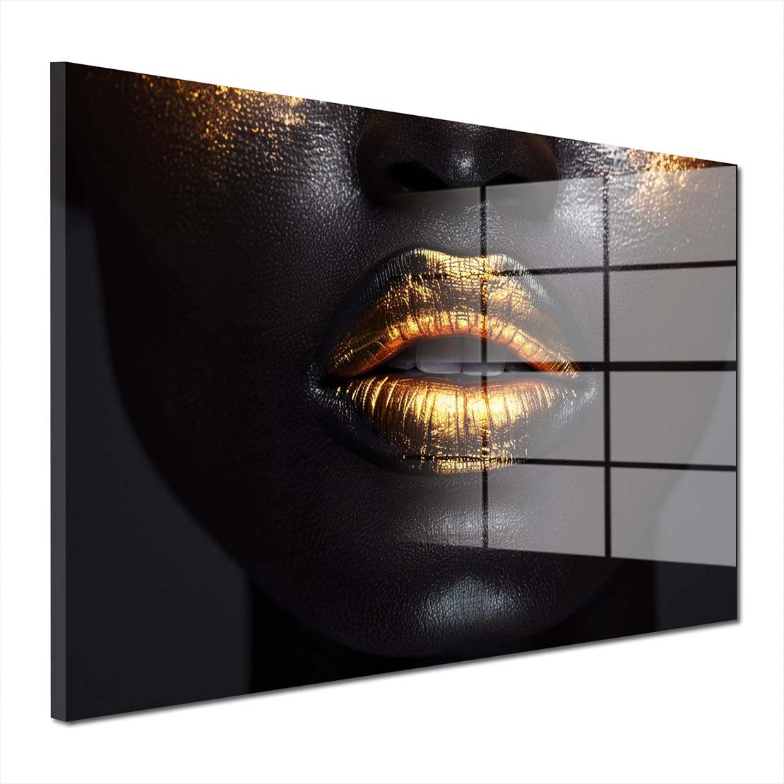 Black Women sinnliche Lippen in Gold Acrylglasbild Wandbild Bild Wanddeko XL