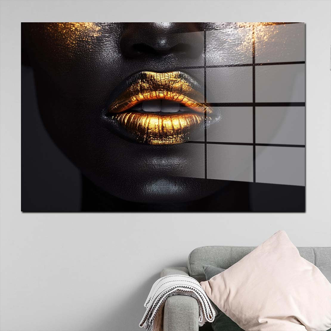 Black Women sinnliche Lippen in Gold Acrylglasbild Wandbild Bild Wanddeko XL