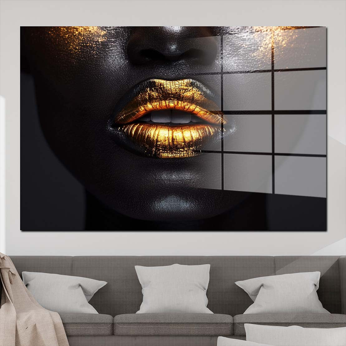 Black Women sinnliche Lippen in Gold Acrylglasbild Wandbild Bild Wanddeko XL