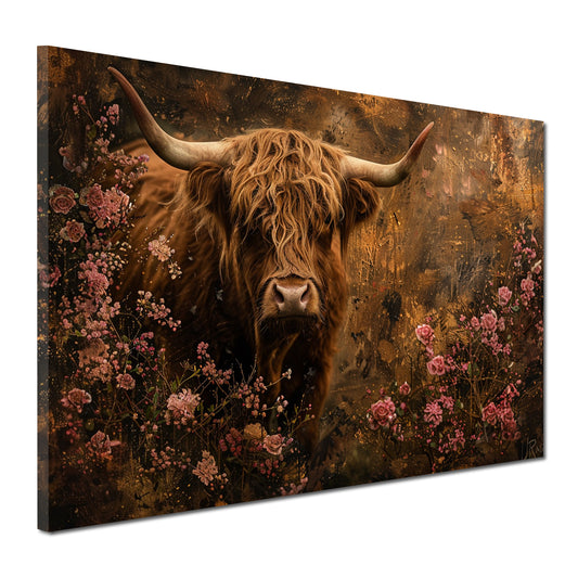 Stolze Kuh inmitten von Blumen Natur Romantik Wandbild Leinwandbild XL Wanddeko