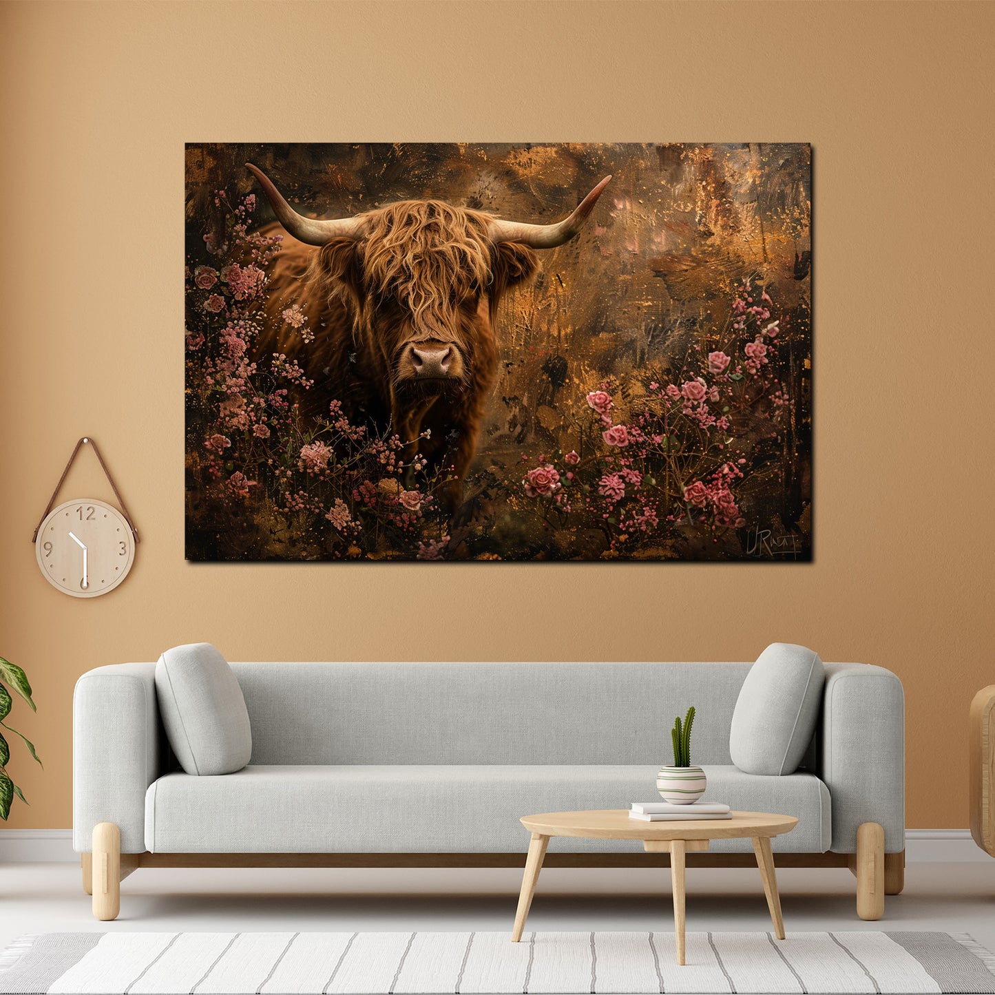 Stolze Kuh inmitten von Blumen Natur Romantik Wandbild Leinwandbild XL Wanddeko